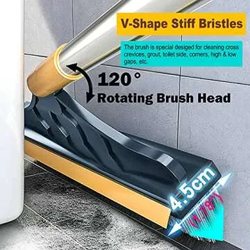 2 in 1 Cleaning Scrub Brush Grout Brush Scrape Floor Scrub Brush with Long Handle V-Shape Stiff Bristle Brush Scrubber with Squeegee 120°Rotating Magic Broom Brush for Cleaning Bathroom Glass Wall