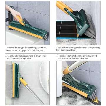 2 in 1 Cleaning Scrub Brush Grout Brush Scrape Floor Scrub Brush with Long Handle V-Shape Stiff Bristle Brush Scrubber with Squeegee 120°Rotating Magic Broom Brush for Cleaning Bathroom Glass Wall