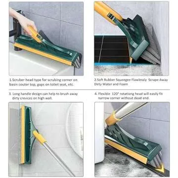 2 in 1 Cleaning Scrub Brush Grout Brush Scrape Floor Scrub Brush with Long Handle V-Shape Stiff Bristle Brush Scrubber with Squeegee 120°Rotating Magic Broom Brush for Cleaning Bathroom Glass Wall