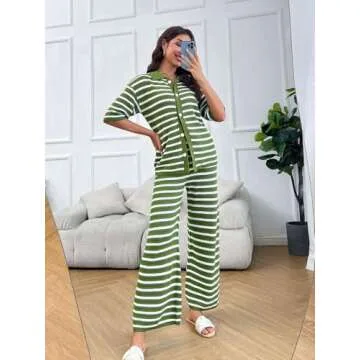 Tankaneo Womens Knit 2 Piece Lounge Sets Striped Short Sleeve Tops and Wide Leg Pants Travel Airport Vacation Outfits Army Green