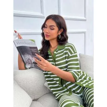 Tankaneo Womens Knit 2 Piece Lounge Sets Striped Short Sleeve Tops and Wide Leg Pants Travel Airport Vacation Outfits Army Green