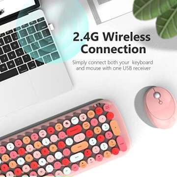 Wireless Keyboard and Mouse Combo, 2.4G USB Retro Typewriter Wireless Keyboard with Number Pad and Slim Noiseless Wireless Mouse for PC/Computer/Laptop/Desktop-Pink Colorful