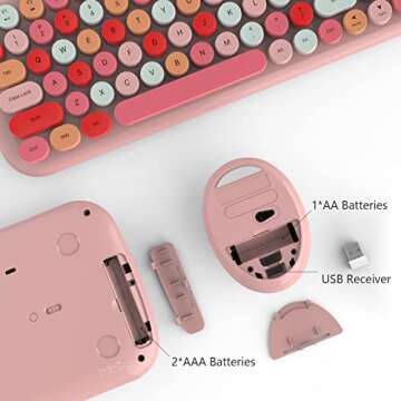 Wireless Keyboard and Mouse Combo, 2.4G USB Retro Typewriter Wireless Keyboard with Number Pad and Slim Noiseless Wireless Mouse for PC/Computer/Laptop/Desktop-Pink Colorful