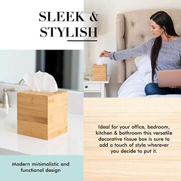 JUSK Design Tissue Box Holder - Modern, Minimalist, and Durable Wooden Tissue Box with Sliding Bottom, Easy-Refill - Premium-Quality Bamboo Tissue Box Cover, Square