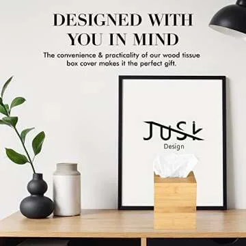 JUSK Design Tissue Box Holder - Modern, Minimalist, and Durable Wooden Tissue Box with Sliding Bottom, Easy-Refill - Premium-Quality Bamboo Tissue Box Cover, Square