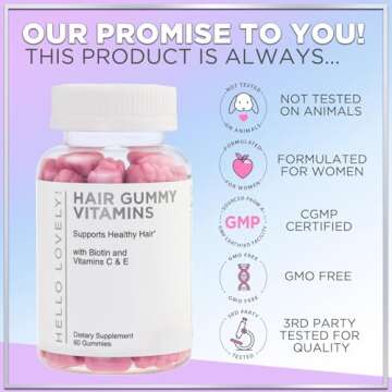 Hello Lovely! Hair Vitamins Gummy with Biotin 5000 mcg Vitamin E & C Support Hair Growth, Premium Vegetarian Non-GMO, for Stronger Beautiful Hair, Skin & Nails Supplement - 60 Bear Gummies