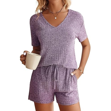 Ekouaer Women's Ribbed Knit Lounge Set - Short Sleeve Top & Shorts Sleepwear