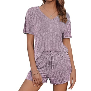 Ekouaer Women's Ribbed Lounge Set - Sleepwear Shorts