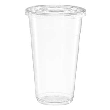 Comfy Package [24 oz. - 100 Count Clear Plastic Cups With Lids, Disposable Coffee Cups with Flat Lid...