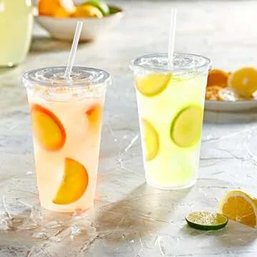 Comfy Package [24 oz. - 100 Count Clear Plastic Cups With Lids, Disposable Coffee Cups with Flat Lids - Ideal for Cold Beverages, Smoothies, and To-Go Drinks