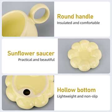 Fseoot Ceramic Coffee Mug with Sunflower Coaster Coffee Spoons 6.7 oz/200 ml Cute Creative Coffee Mug Home Office Coffee Mugs for Tea Milk(Lemon yellow)