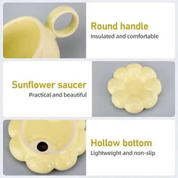 Fseoot Ceramic Coffee Mug with Sunflower Coaster Coffee Spoons 6.7 oz/200 ml Cute Creative Coffee Mug Home Office Coffee Mugs for Tea Milk(Lemon yellow)