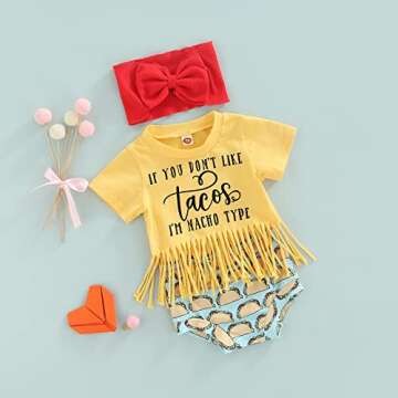Newborn Infant Baby Girl Outfit 3pcs Letter Print Western Clothes Sets Short Sleeve Tassel T-Shirts Shorts (Yellow, 6-12 Months)