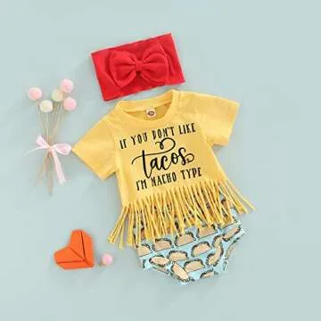 Newborn Infant Baby Girl Outfit 3pcs Letter Print Western Clothes Sets Short Sleeve Tassel T-Shirts Shorts (Yellow, 6-12 Months)