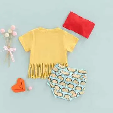 Newborn Infant Baby Girl Outfit 3pcs Letter Print Western Clothes Sets Short Sleeve Tassel T-Shirts Shorts (Yellow, 6-12 Months)