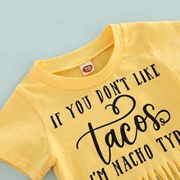 Newborn Infant Baby Girl Outfit 3pcs Letter Print Western Clothes Sets Short Sleeve Tassel T-Shirts Shorts (Yellow, 6-12 Months)