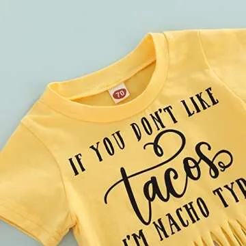 Newborn Infant Baby Girl Outfit 3pcs Letter Print Western Clothes Sets Short Sleeve Tassel T-Shirts Shorts (Yellow, 6-12 Months)