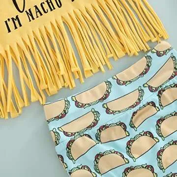 Newborn Infant Baby Girl Outfit 3pcs Letter Print Western Clothes Sets Short Sleeve Tassel T-Shirts Shorts (Yellow, 6-12 Months)