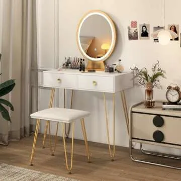 CHARMAID Makeup Vanity Table with Lighted Mirror, Vanity Desk with 2 Large Drawers, Adjustable 3 Lighting Modes, Modern Girls Bedroom Vanity Table with Chair for Small Spaces, White & Gold