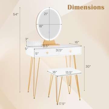 CHARMAID Makeup Vanity Table with Lighted Mirror, Vanity Desk with 2 Large Drawers, Adjustable 3 Lighting Modes, Modern Girls Bedroom Vanity Table with Chair for Small Spaces, White & Gold