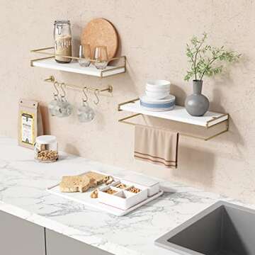 Forbena Floating Bathroom Shelves Wall Mounted, Aesthetic White and Gold Shelves for Bathroom Access...