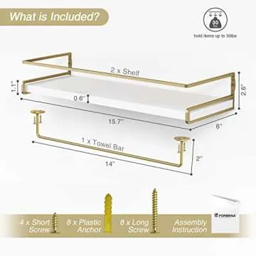 Forbena Floating Bathroom Shelves Wall Mounted, Aesthetic White and Gold Shelves for Bathroom Accessories, Modern Bathroom Organizer with Tower Bar for Wall Decor Storage Small Spaces, Set of 2