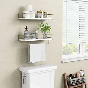 Forbena Floating Bathroom Shelves Wall Mounted, Aesthetic White and Gold Shelves for Bathroom Accessories, Modern Bathroom Organizer with Tower Bar for Wall Decor Storage Small Spaces, Set of 2