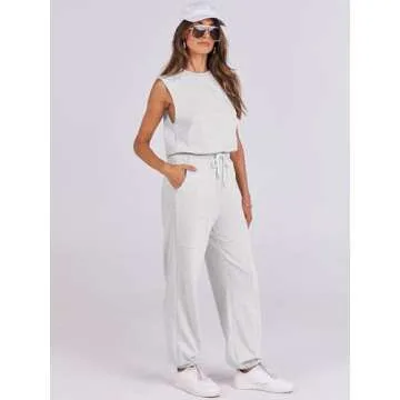 ANRABESS Jumpsuits for Women Casual Summer Sleeveless 2025 Romper One Piece Outfit Active Workout Lounge Jumpsuits Pockets Grey Medium