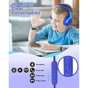 ELECDER Kids Headphones, S8 Wired Headphones for Kids with Microphone for Boys Girls, Adjustable 85dB/94dB Volume Limited (Navy/Blue)