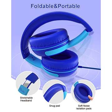 ELECDER Kids Headphones, S8 Wired Headphones for Kids with Microphone for Boys Girls, Adjustable 85dB/94dB Volume Limited (Navy/Blue)