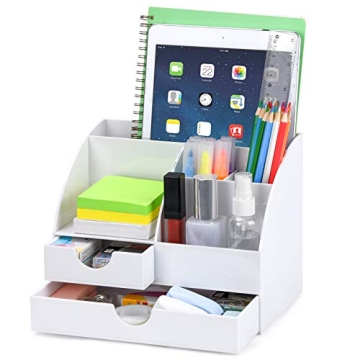 POPRUN Upgraded Acrylic Desk Organizer, All in One Office Supplies Accessories with 2 Drawers for Ho...