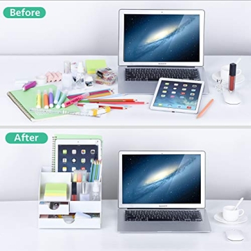 POPRUN Upgraded Acrylic Desk Organizer, All in One Office Supplies Accessories with 2 Drawers for Home/Office/Makeup Desktop Organization & Decor, White