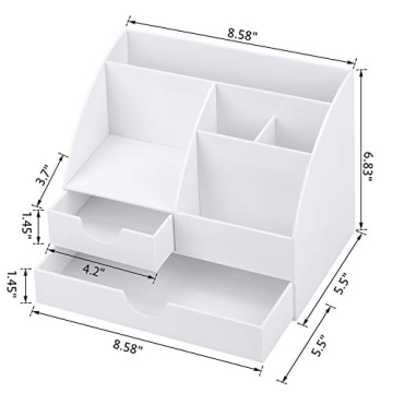 POPRUN Upgraded Acrylic Desk Organizer, All in One Office Supplies Accessories with 2 Drawers for Home/Office/Makeup Desktop Organization & Decor, White