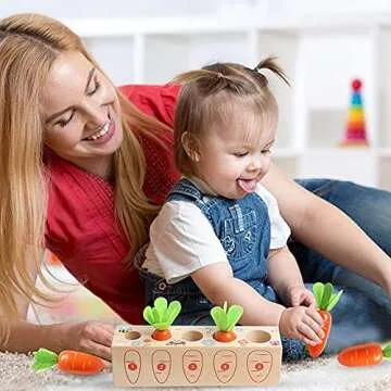 NAODONGLI Montessori Wooden Toys Carrot Harvest Game Preschool Educational Learning Fine Motor Skills Shape Size Matching Toys Birthday Easter Basket Stuffers Gift for Toddlers Ages 1-3