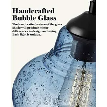 ELYONA 8 Inch Pendant Light for Kitchen Island Modern Blue Hand Blown Bubble Glass Pendant Lighting Hanging Light fixtures for Dining Room Bar Bedroom Living Room