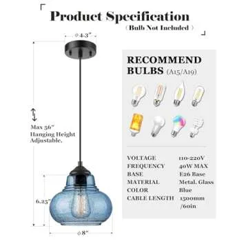 ELYONA 8 Inch Pendant Light for Kitchen Island Modern Blue Hand Blown Bubble Glass Pendant Lighting Hanging Light fixtures for Dining Room Bar Bedroom Living Room