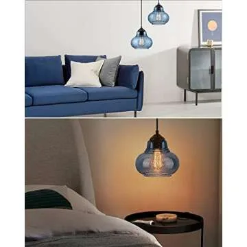 ELYONA 8 Inch Pendant Light for Kitchen Island Modern Blue Hand Blown Bubble Glass Pendant Lighting Hanging Light fixtures for Dining Room Bar Bedroom Living Room