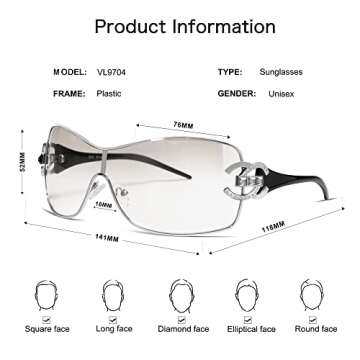 VANLINKER Wrap Around Y2K Sunglasses for Women Men Trendy Oversized Sun Glasses Fashion Shield Frameless Shades Clear White Silver Transparent VL9704