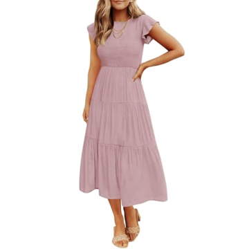 ZESICA Women's Summer Casual Flutter Short Sleeve Smocked Midi Dress