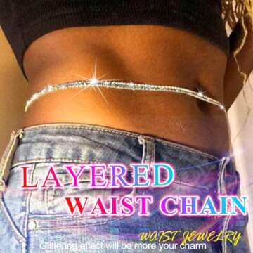Nicute Rhinestone Waist Chain Crystal Layered Belly Chains Sparkly Summer Beach Bikini Sexy Body Jewelry for Women (Silver)