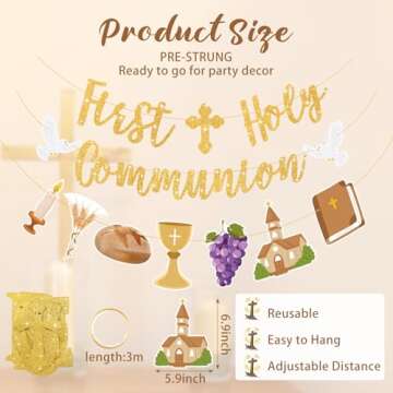 Yeaqee First Holy Communion Banner with Gold Glitter for Religious Celebrations