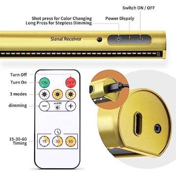 EAYOYAE Battery Operated Wireless Picture Light，Rechargeable/Plugged in 31.5inch Painting Display Light,Remote Control Wall Lights with Three Modes and Timing for Art Frame (Gold)