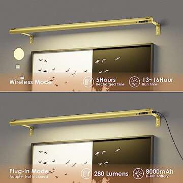 EAYOYAE Battery Operated Wireless Picture Light，Rechargeable/Plugged in 31.5inch Painting Display Light,Remote Control Wall Lights with Three Modes and Timing for Art Frame (Gold)