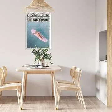 Liyark Coastal Girl Preppy Pink Surfboard posters Surfs Up Cowgirl Beach Canvas Wall Art Funky Trendy Aesthetic prints painting for Teen Girl wall decor for 12x16in Unframed