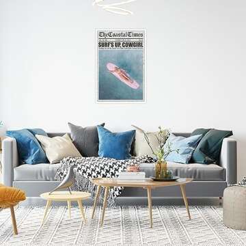 Liyark Coastal Girl Preppy Pink Surfboard posters Surfs Up Cowgirl Beach Canvas Wall Art Funky Trendy Aesthetic prints painting for Teen Girl wall decor for 12x16in Unframed