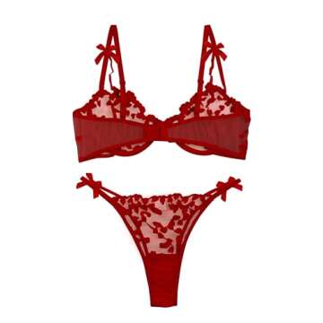 Lilosy Sexy Cute Underwire Push Up Strappy Heart Embroidered Mesh Sheer Lingerie Set for Women See T...