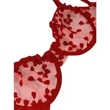 Lilosy Sexy Cute Underwire Push Up Strappy Heart Embroidered Mesh Sheer Lingerie Set for Women See Through Bra and Panty 2 Piece Bow Red Medium