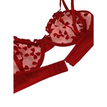 Lilosy Sexy Cute Underwire Push Up Strappy Heart Embroidered Mesh Sheer Lingerie Set for Women See Through Bra and Panty 2 Piece Bow Red Medium