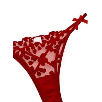 Lilosy Sexy Cute Underwire Push Up Strappy Heart Embroidered Mesh Sheer Lingerie Set for Women See Through Bra and Panty 2 Piece Bow Red Medium