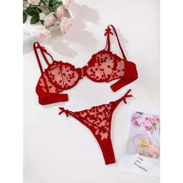 Lilosy Sexy Cute Underwire Push Up Strappy Heart Embroidered Mesh Sheer Lingerie Set for Women See Through Bra and Panty 2 Piece Bow Red Medium